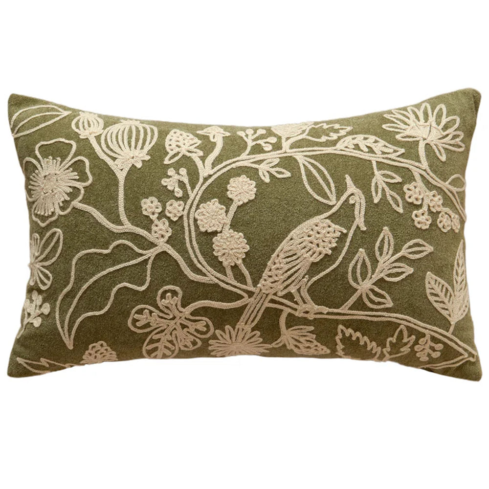 Flower and Bird Lumbar Pillow, Green