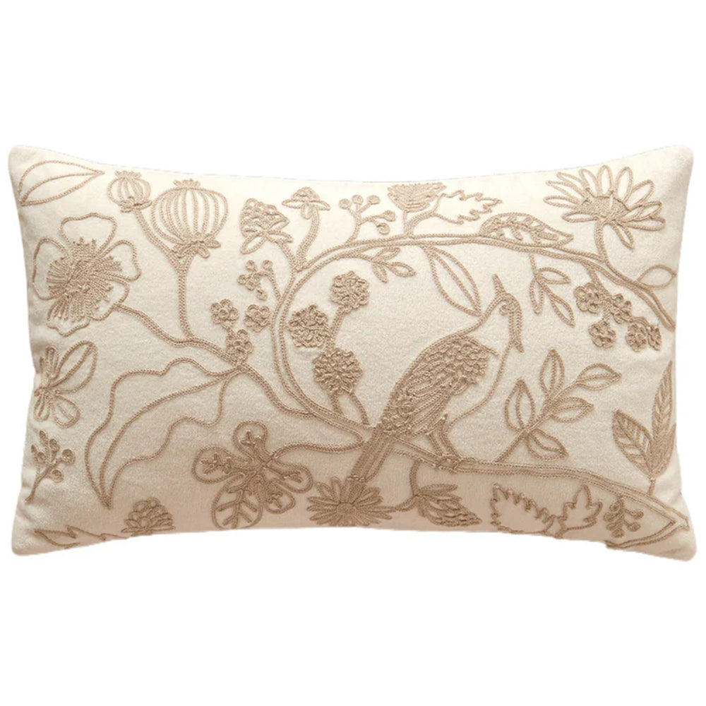 Flower and Bird Lumbar Pillow, Ivory