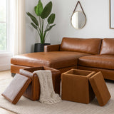 Leather and Suede Ottomans, Brown, Set of 2
