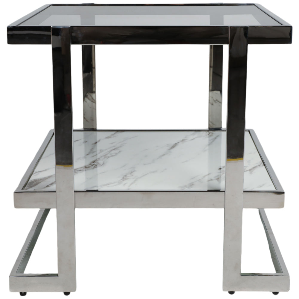 2-Tier Marble Top Side Table, White/Gold