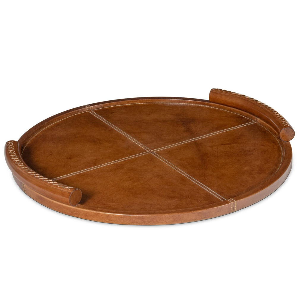 Forte Leather Round Tray w/ Leather Handle, Tan-Accessories-High Fashion Home