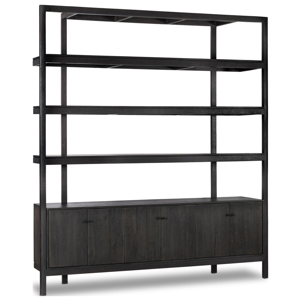 Reza Wide Bookcase, Worn Black Acacia by Four Hands — PRM_1