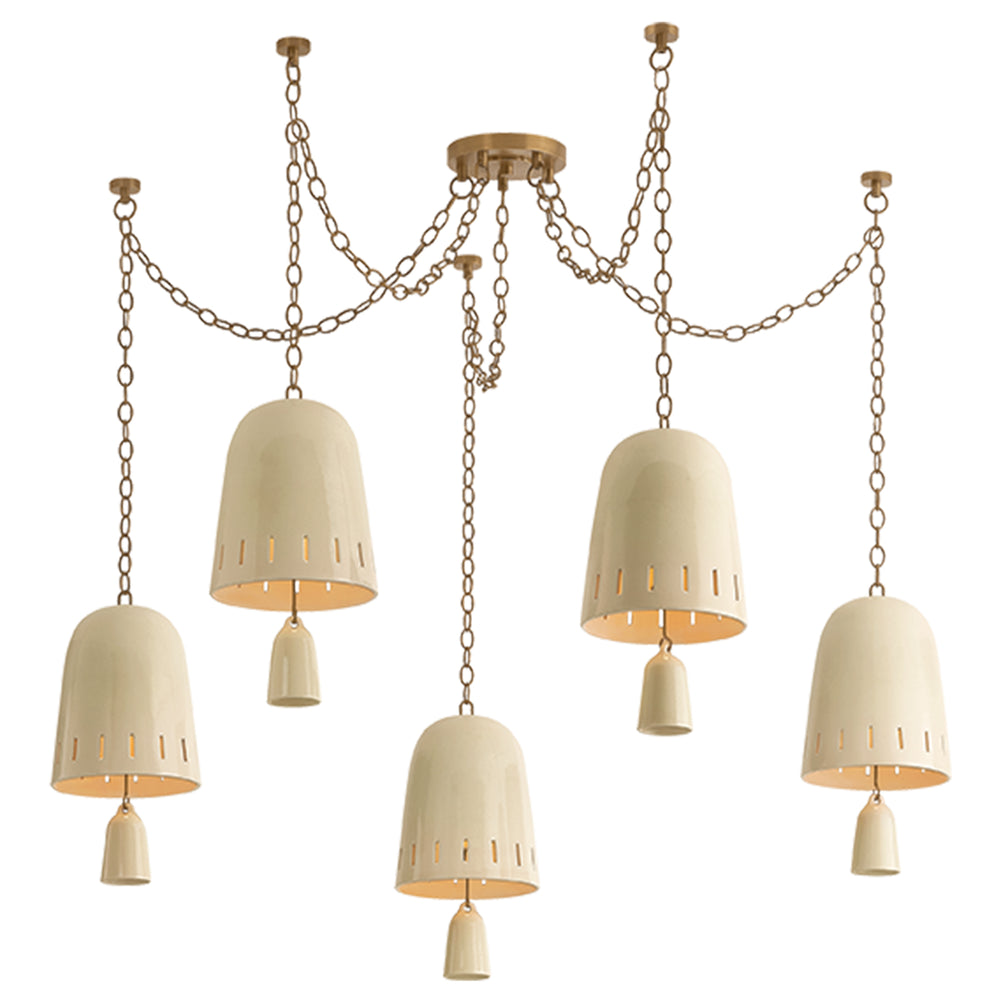 Omi 5 Light Chandelier, Patina Brass/Ceramic Ivory Crackle