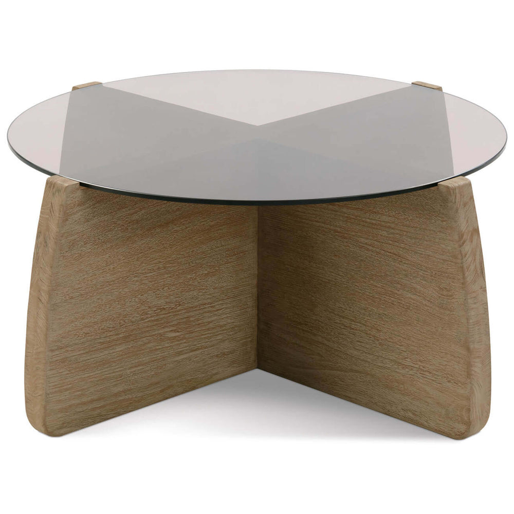 Nova Round Glass Top Cocktail Table, Weathered Teak