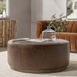 Clair Leather Round Coffee Table, Cocoa Brown-Furniture - Accent Tables-High Fashion Home