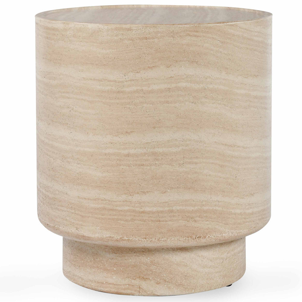 Mckenna Outdoor Round End Table, Travertine-Furniture - Outdoor-High Fashion Home
