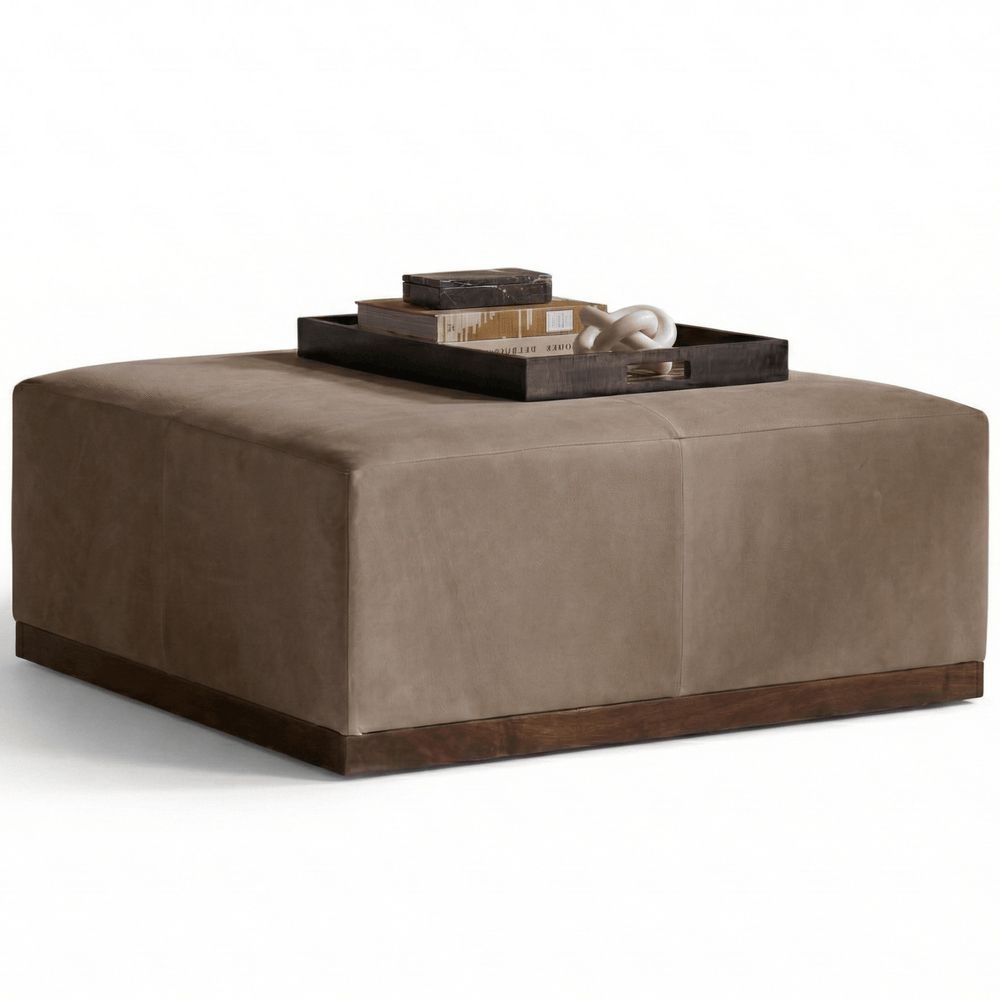 Felix Large Leather Ottoman, Smoke Suede