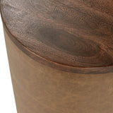 Andra Leather Round Accent Table, Tan-Furniture - Accent Tables-High Fashion Home
