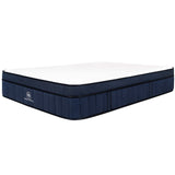 Blue mattress with white top on a white background
