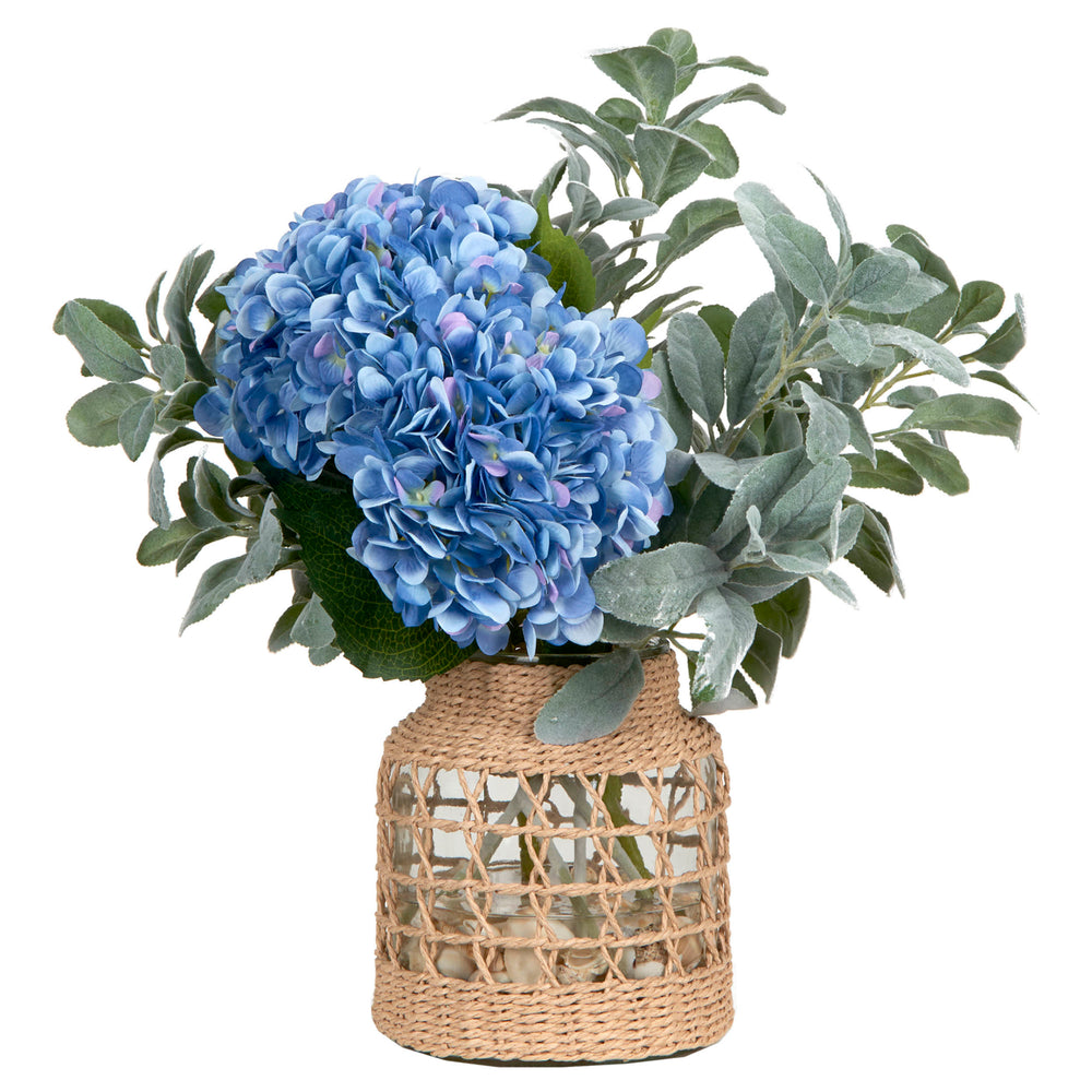 Blue Hydrangea and Lamb's Ear in Jute Wrapped Glass Vase, Natural-Accessories-High Fashion Home