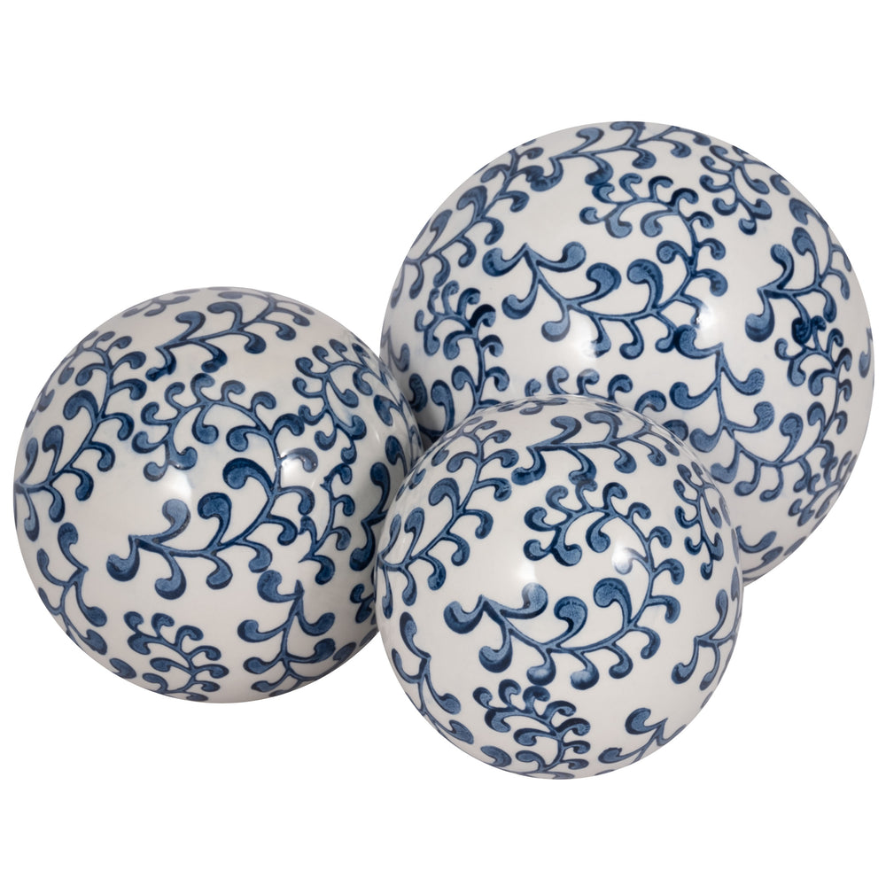 Chinoiserie Fern Orbs, Blue/White, Set of 3-Accessories-High Fashion Home