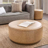 Clair 40" Round Leather Ottoman, Chestnut-Furniture - Chairs-High Fashion Home