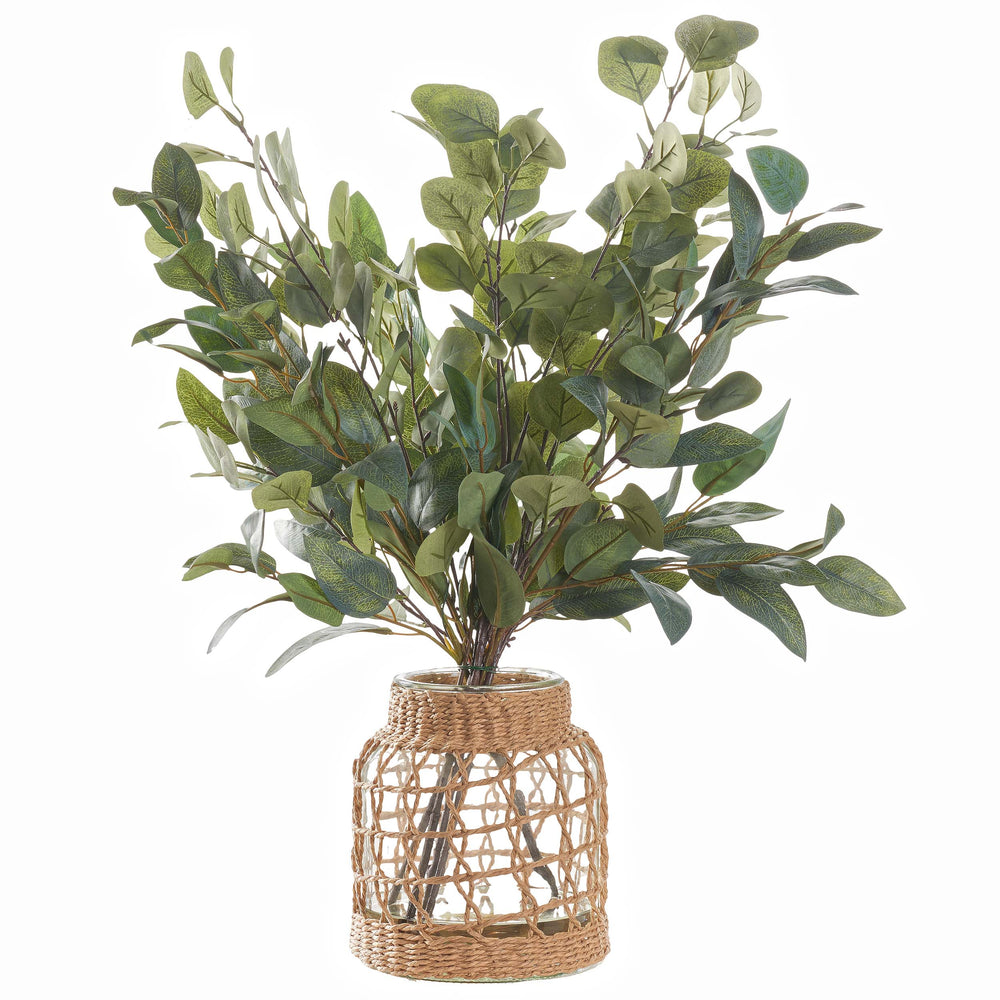 Eucalyptus and Silver Dollar Spray in Jute Wrapped Glass Vase, Natural-Accessories-High Fashion Home