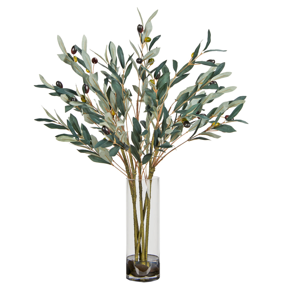 Fruited Olive Spray in Glass Vase, Clear-Accessories-High Fashion Home
