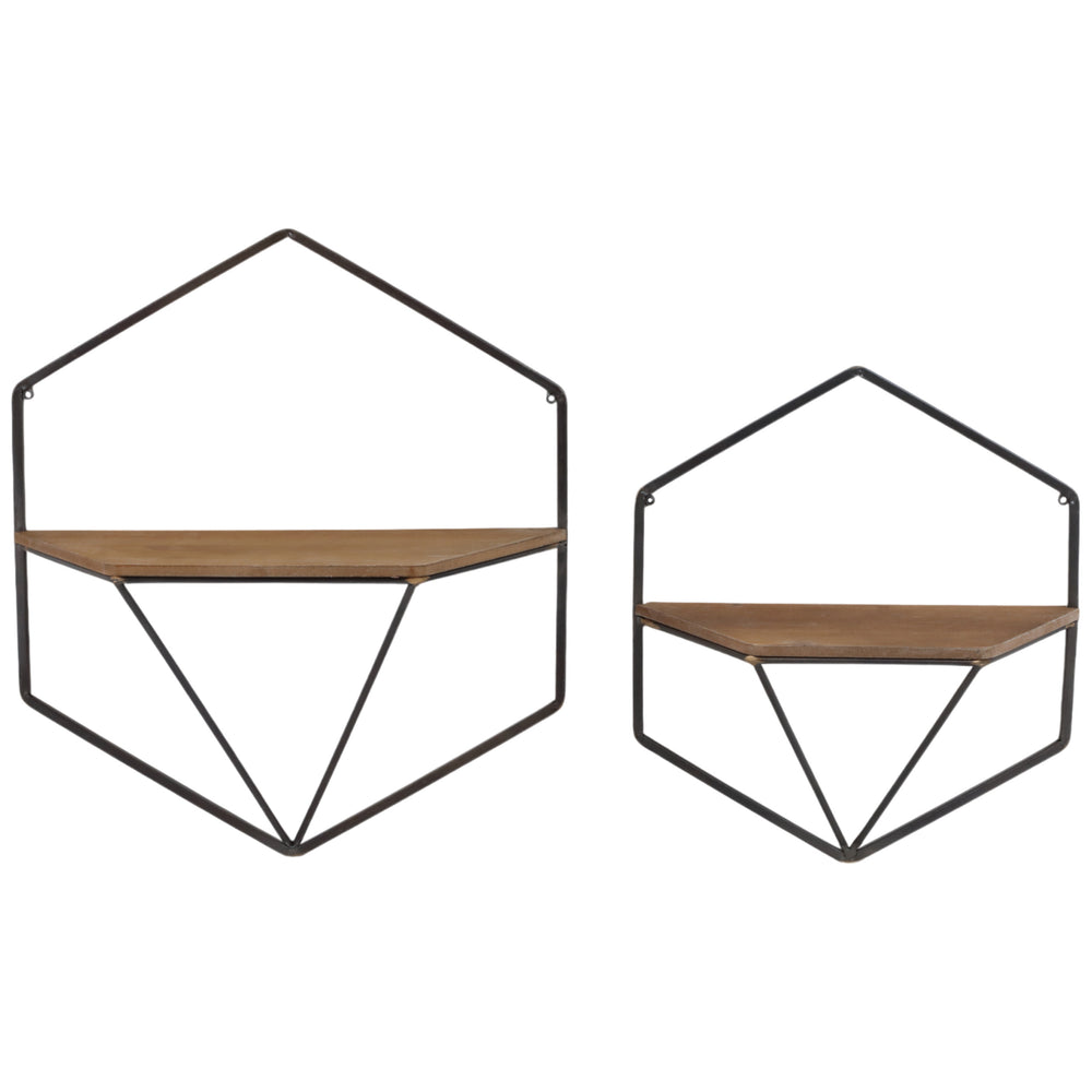 Hexagon Wall Shelves, Brown, Set of 2