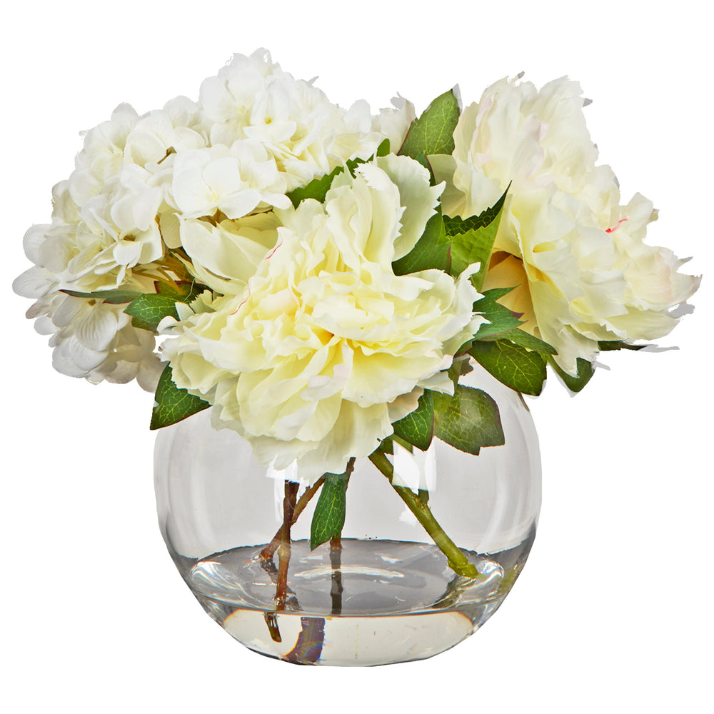 Hydrangeas and Peonies in Glass Bubble Bowl, Clear-Accessories-High Fashion Home