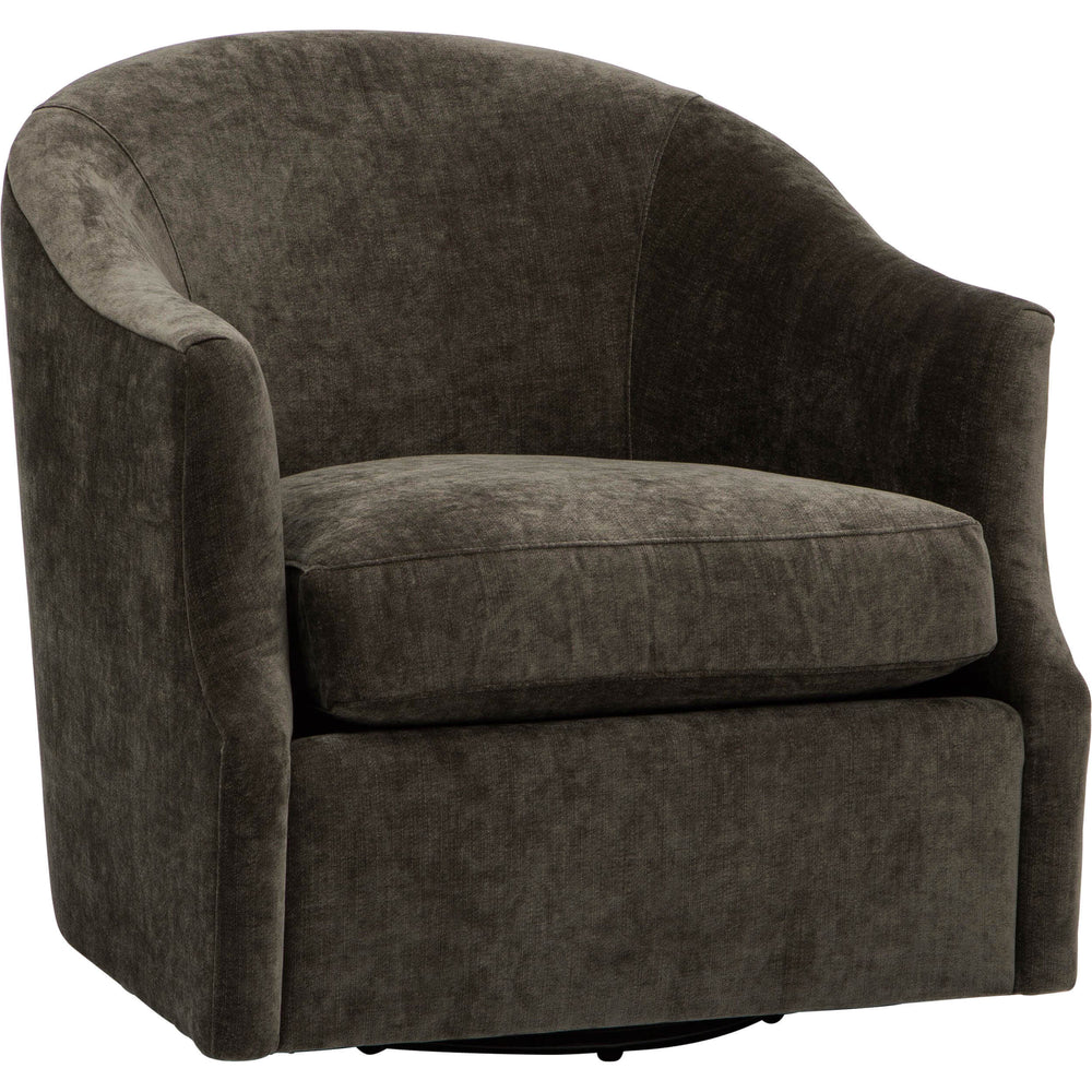 Julie Swivel Chair: Dark brown textured fabric, modern barrel design, plush seat, and hidden swivel base.