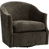 Julie Swivel Chair: Dark brown textured fabric, modern barrel design, plush seat, and hidden swivel base.