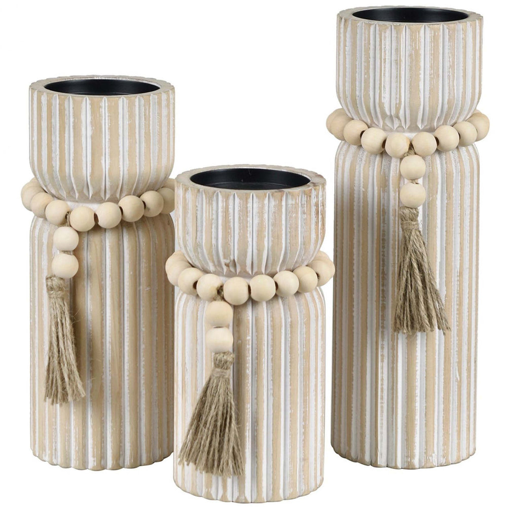 Kingsley Candle Holders, White Washed, Set of 3-Accessories-High Fashion Home