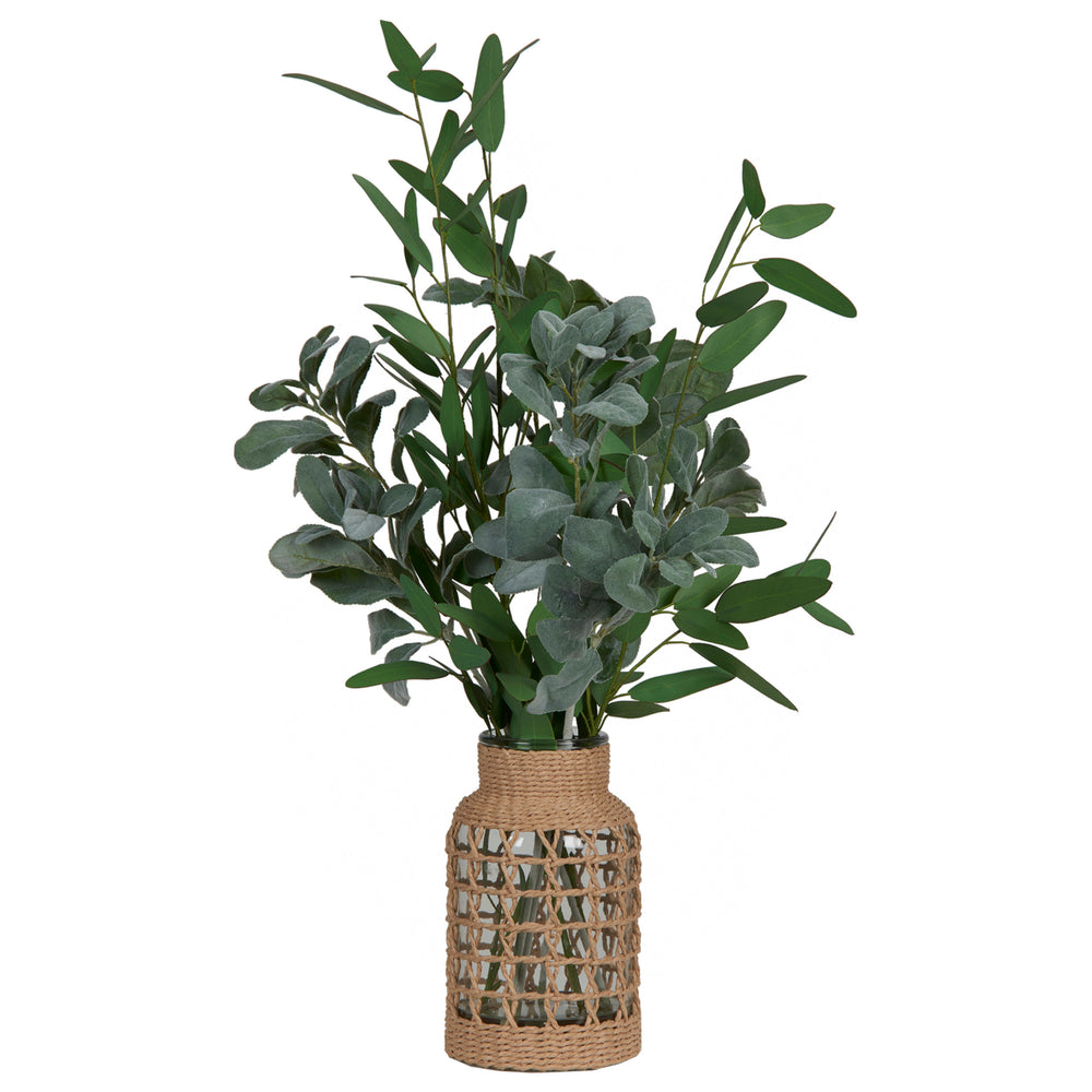 Lamb's Ear and Blue Eucalyptus in Jute Wrapped Glass Vase, Natural-Accessories-High Fashion Home