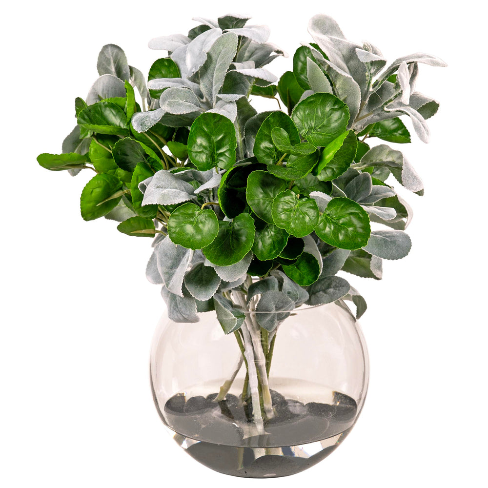 Lambs Ear And Eucalyptus in Glass Bubble Bowl, Clear-Accessories-High Fashion Home
