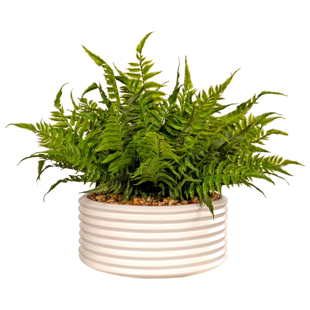 Leather Fern Bush in White Ribbed Bowl, White-Accessories-High Fashion Home