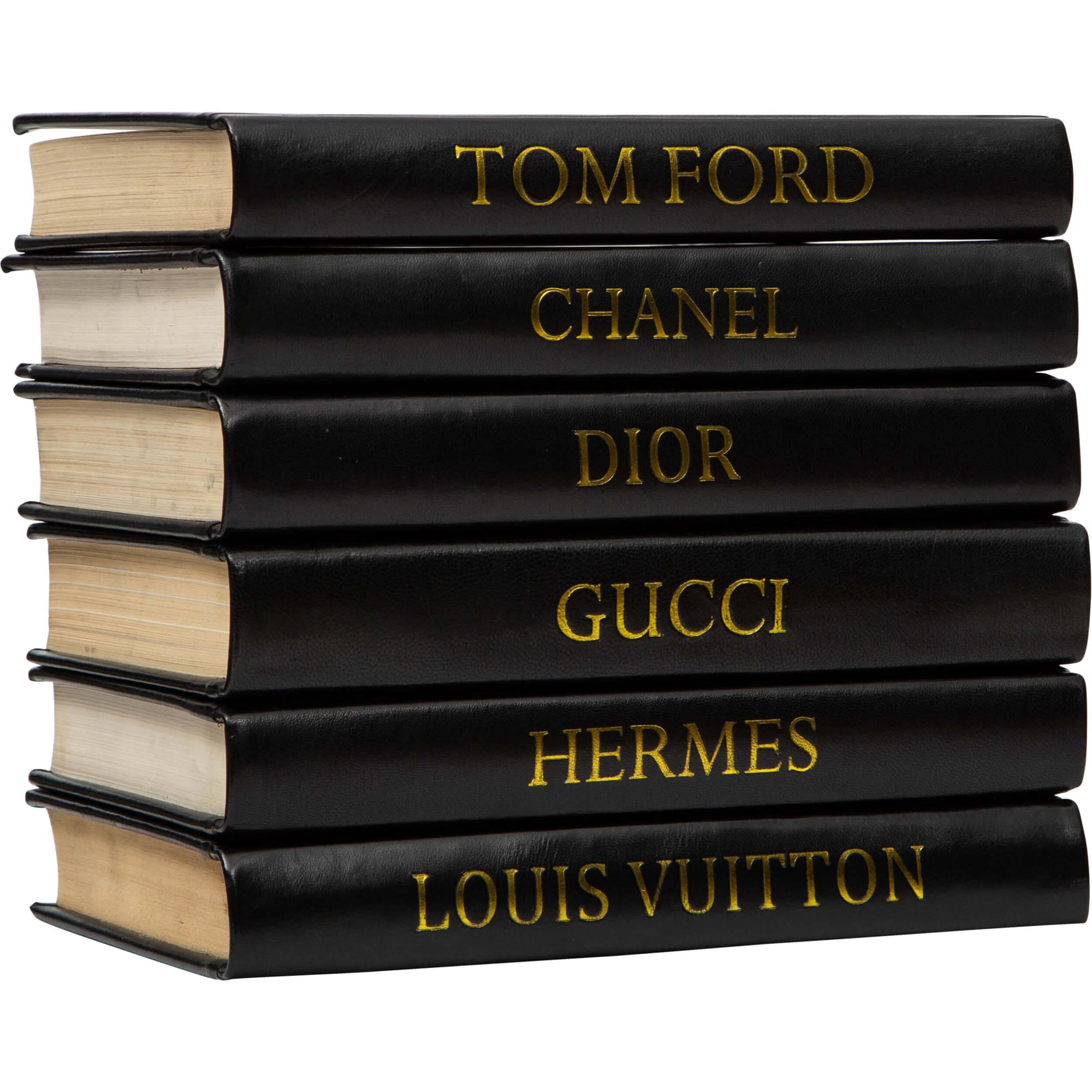 Stack'd Designer Books Black Leather Stack of Books, Designer Names | Luxury Decor | High ...