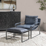 Morgan Leather Ottoman, Ocean Blue-Furniture - Chairs-High Fashion Home