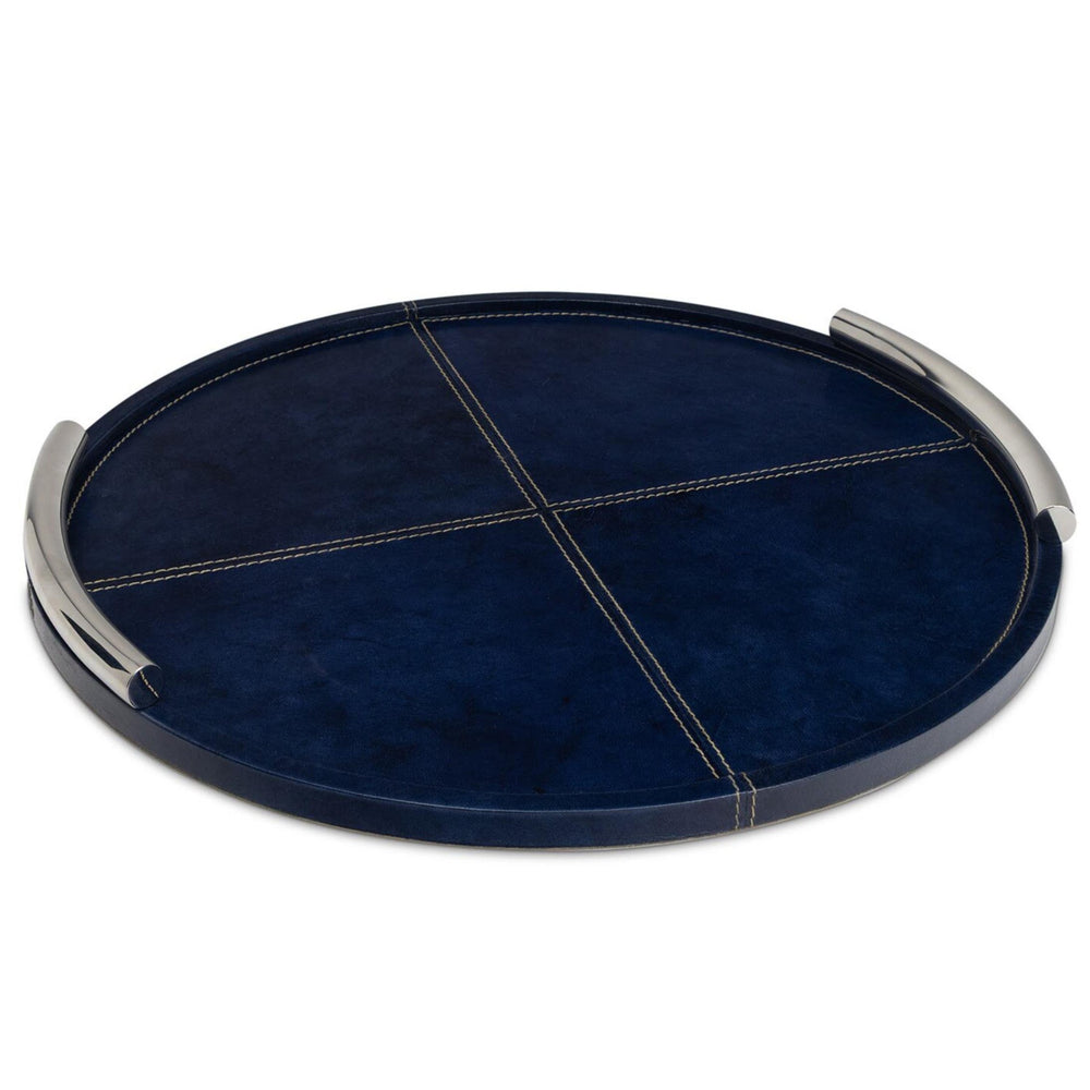 Hayes Leather Round Tray, Blue-Accessories-High Fashion Home