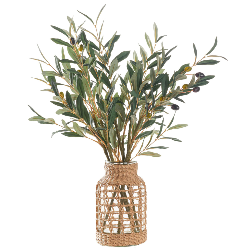 Olive Spray in Jute Wrapped Glass Vase, Natural-Accessories-High Fashion Home