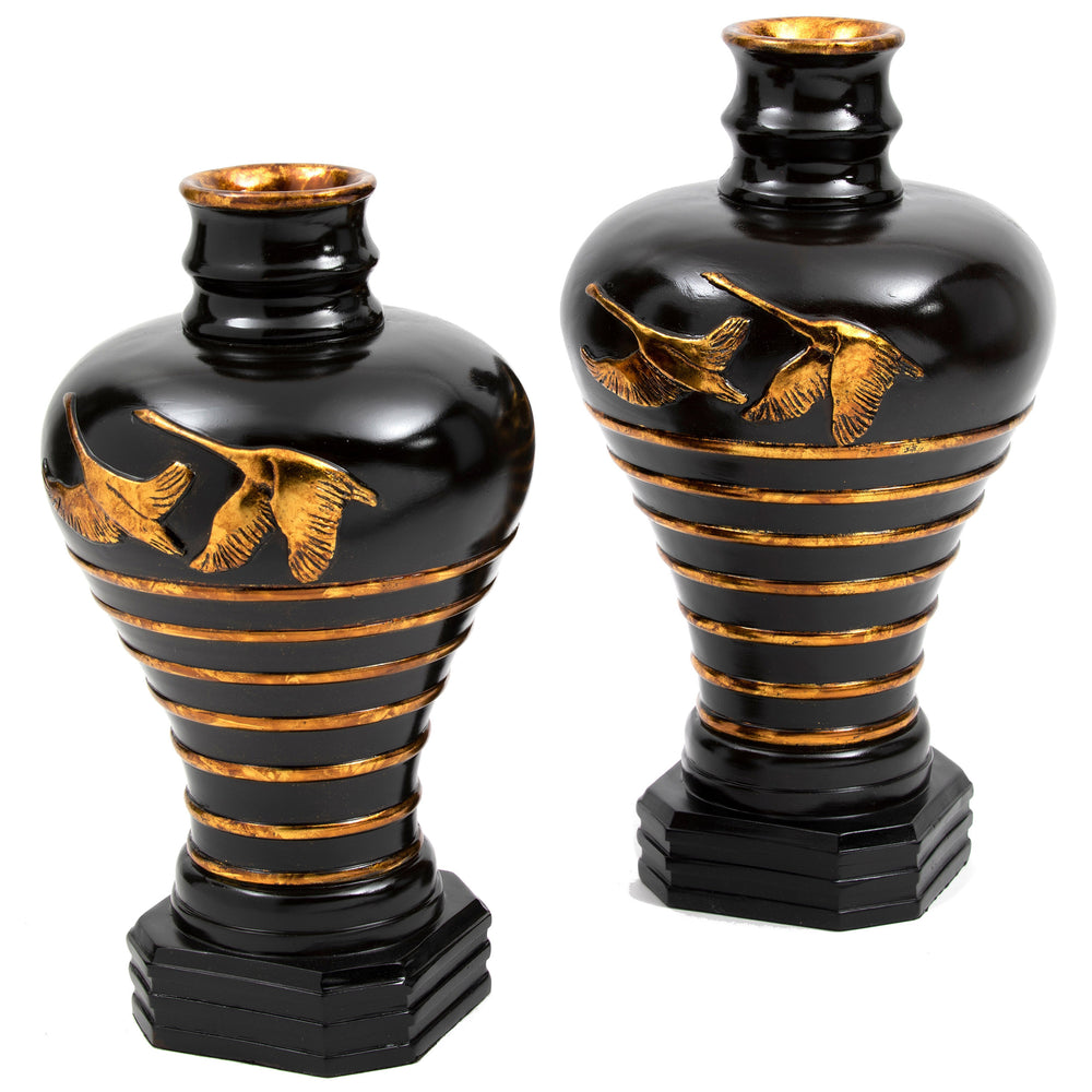 Rising Swan Vases, Black/Gold, Set of 2-Accessories-High Fashion Home
