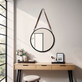 Round Mirror w/Leather Strap, Black