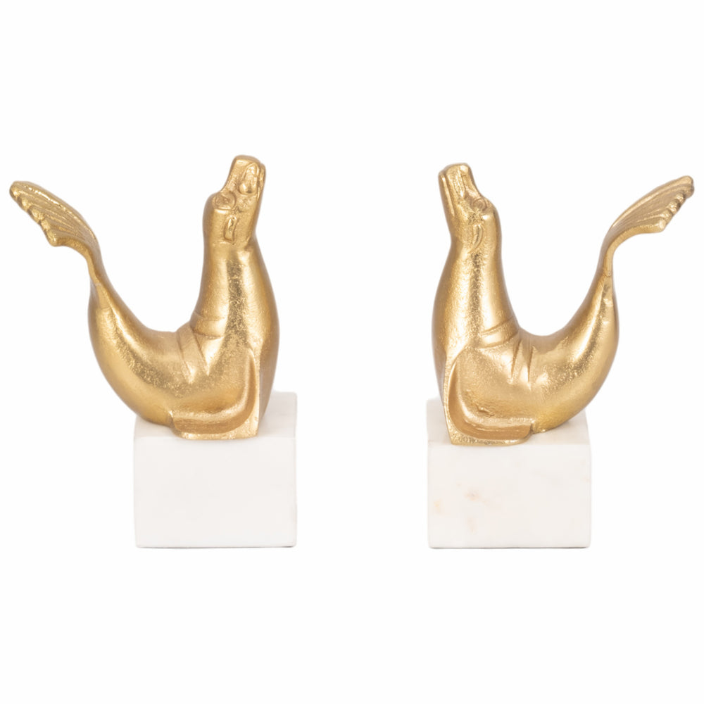 Sea Lion Bookends, Gold, Set of 2-Accessories-High Fashion Home