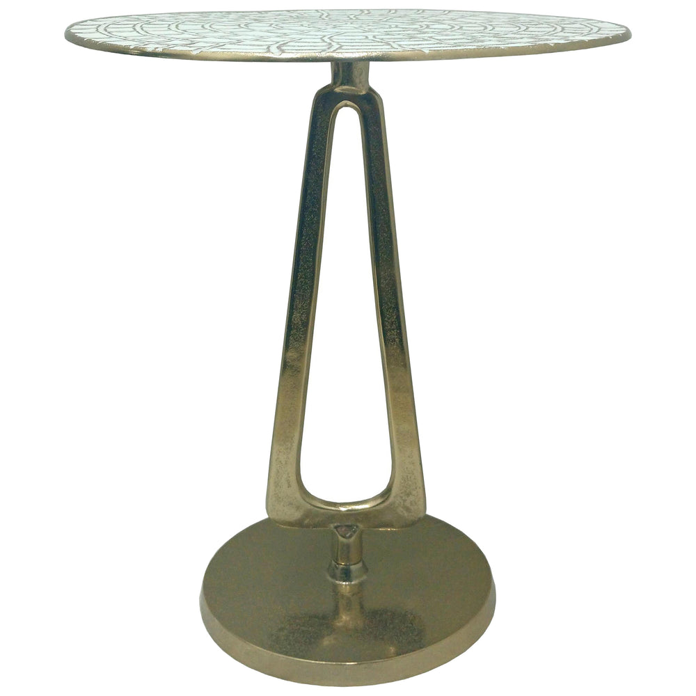Seashell Patterned Top Accent Table, White/Gold