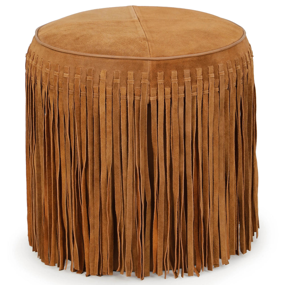 Daphne Round Fringe Ottoman, Cognac