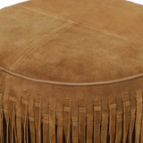 Daphne Round Fringe Ottoman, Cognac