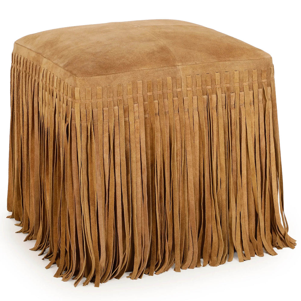 Daphne Square Fringe Ottoman, Saddle Brown
