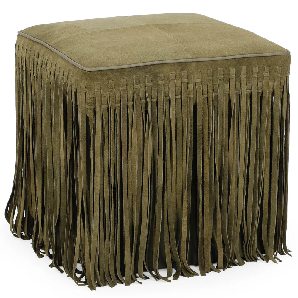 Daphne Square Fringe Ottoman, Olive Green