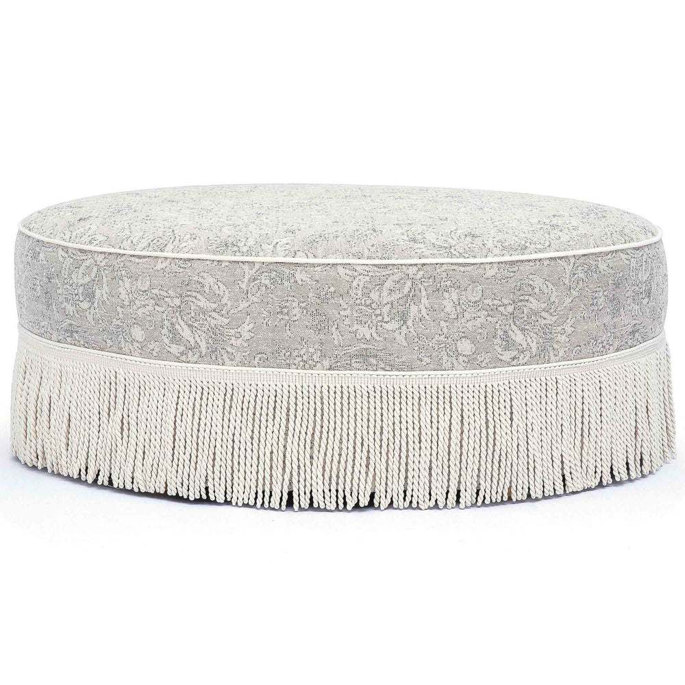 Tassy Tasseled Round Ottoman, Neutral Floral