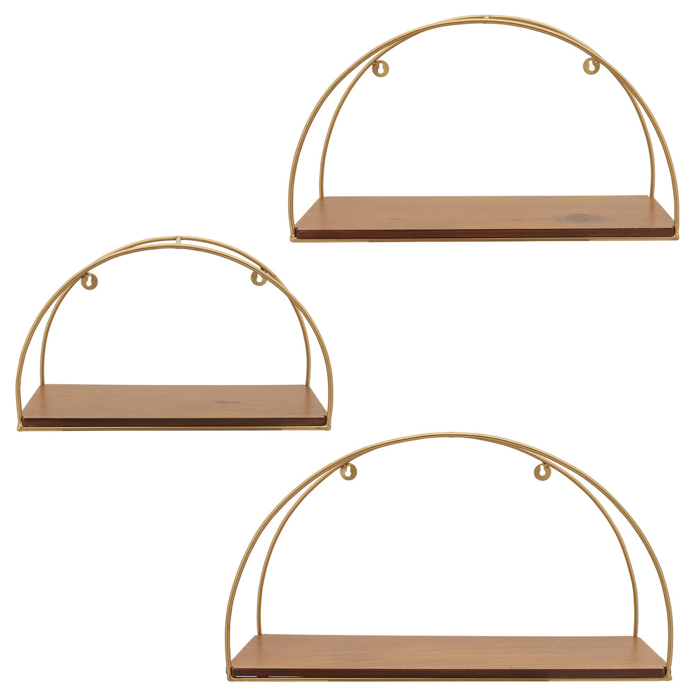 Half-Circle Wall Shelves, Brown/Gold, Set of 3