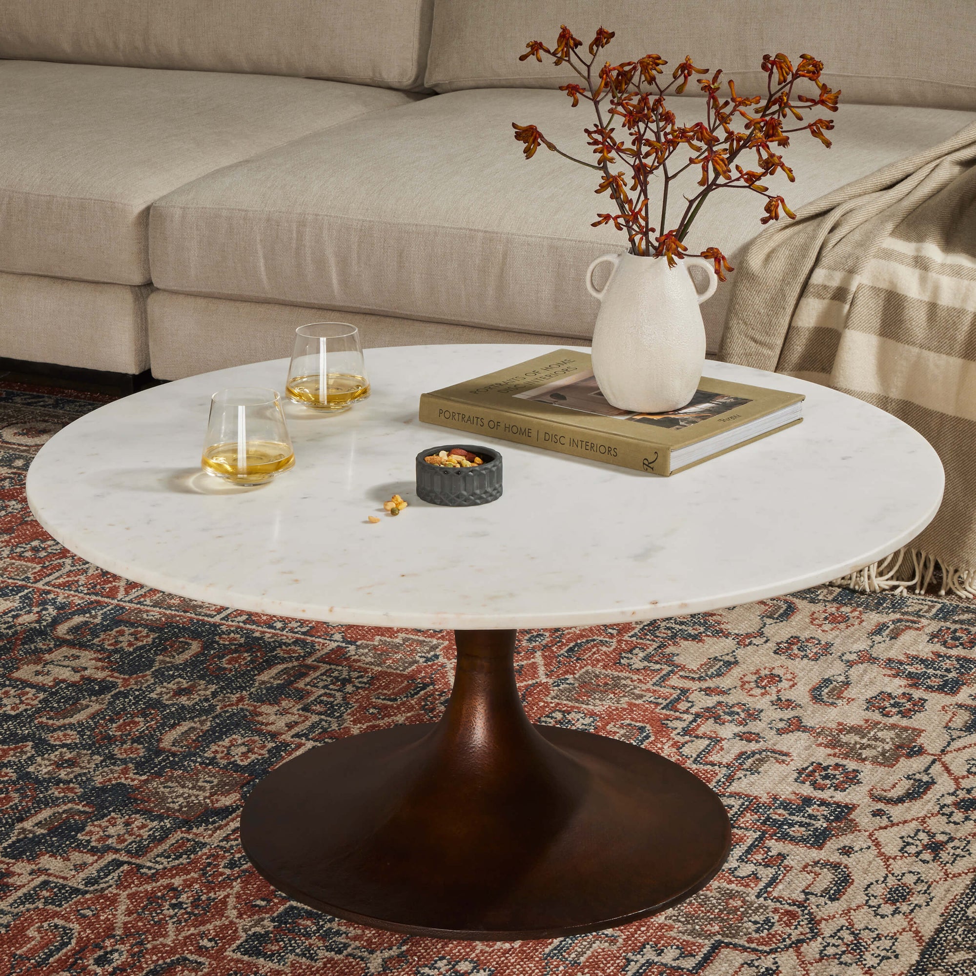 Simone Round Coffee Table, White Marble/Antique Rust – High Fashion Home