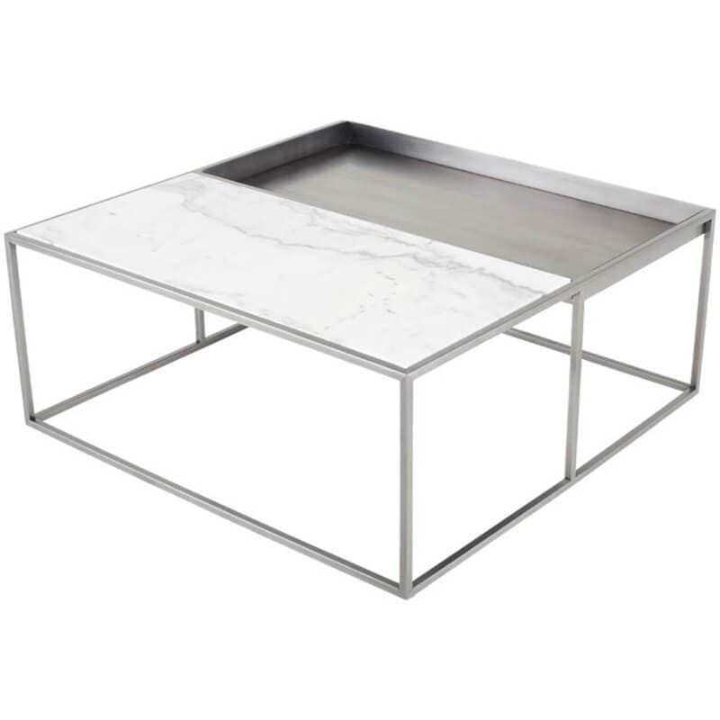 Corbett Coffee Table, White/Brushed Stainless Base - Modern Furniture - Coffee Tables - High Fashion Home